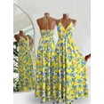 thumbnail image 6 of Multicolor Lemon Print Halter Tie Backless Maxi Dress With Smocked Waist A-Line Sundress, 6 of 7