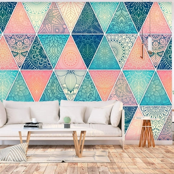 Tiptophomedecor Peel and Stick Zen Wallpaper Wall Mural - Oriental Triangle Mandala - Removable Wall Decals