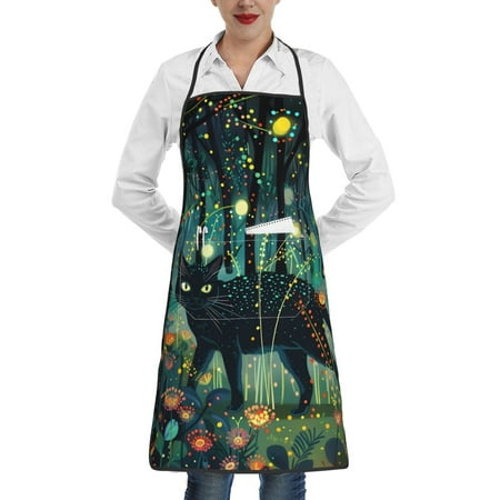

Pofeuu Mystical Black Cat Fireflies Print Aprons with Pockets Cute Aprons for Kitchen Cooking Server Barber Chef Apron