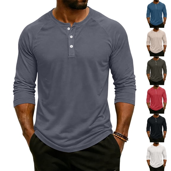 Resicozy 3/4 Sleeve Shirt Men Summer Solid Color Henley Neck Baseball T-Shirts Casual Loose Fit Tees T-Shirt Army Green S