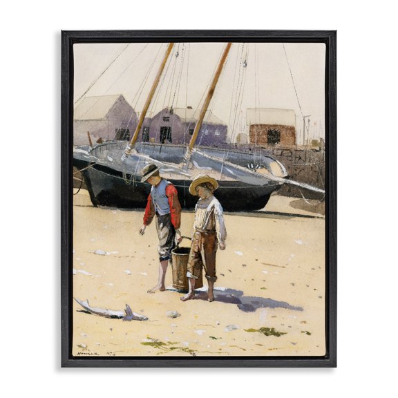 Stupell Industries Coastal Old Fashioned Man Woman Walking Beach Marina Black Floating Frame Canvas Art, 17 x 21, by Lettered and Lined