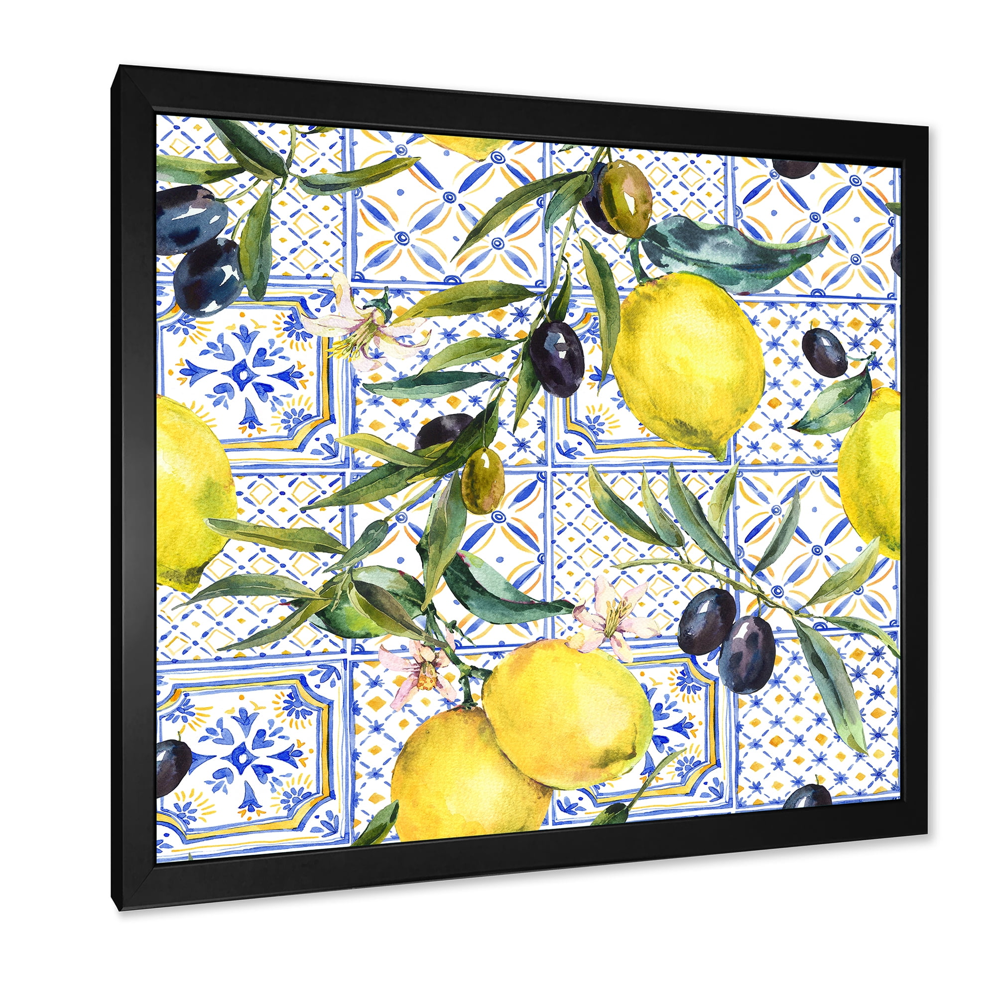 Designart 'Geometrical Pattern of Lemon Ornament On Blue III' Tropical Framed Art Print