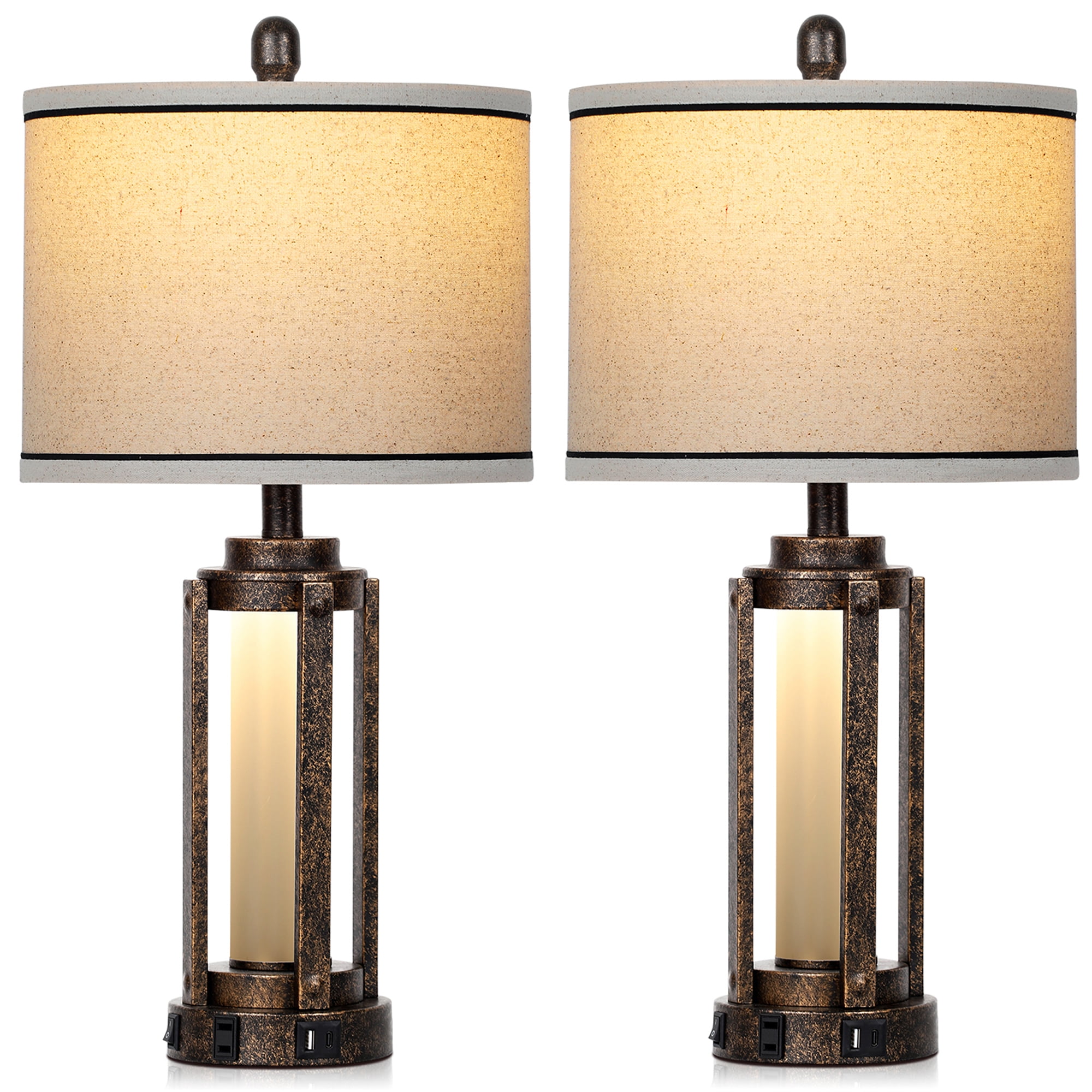 Cinkeda Modern Gold Table Lamp Set of 2 for Living Room Bedroom 25" Bedside Nightstand Lamps with USB A+C Port AC Outlet Nightlight