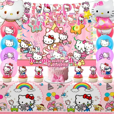 Hello Kitty Birthday Party Supplies, 36pcs Hello Kitty Party Decorations Set- Hello Kitty Birthday Decorations Banner Backdrop Tablecloth & Hello Kitty Balloons Cake Topper etc Hello Kitty Party