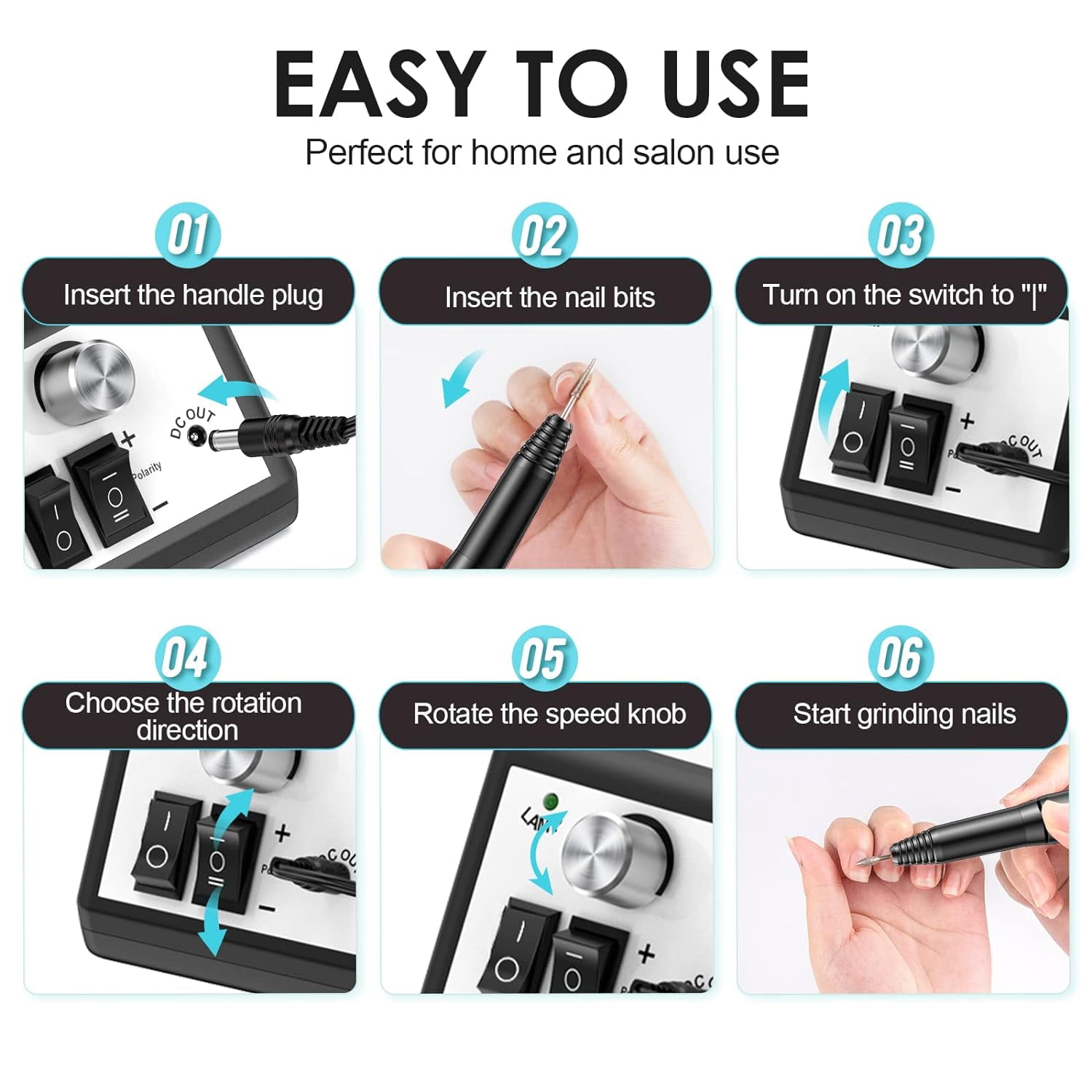 Professional Electric Nail Drill Kit, 20000 RPM Manicure Pedicure Machine with 6 Bits & 100 Sanding Bands,Black