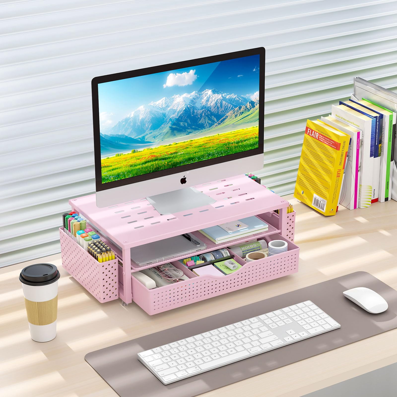 Desk Organizers And Accessories  Monitor Stand With Drawer 2 Pen Holder Desktop Organizer Suitable For Offices Dormitories (pink)