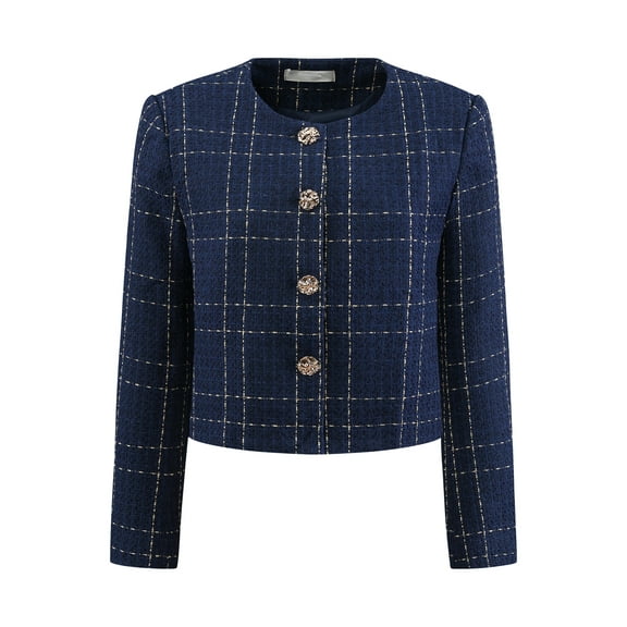 DARING DIVA Women's Collarless Plaid Button Front Crop Tweed Jacket M Dark Blue