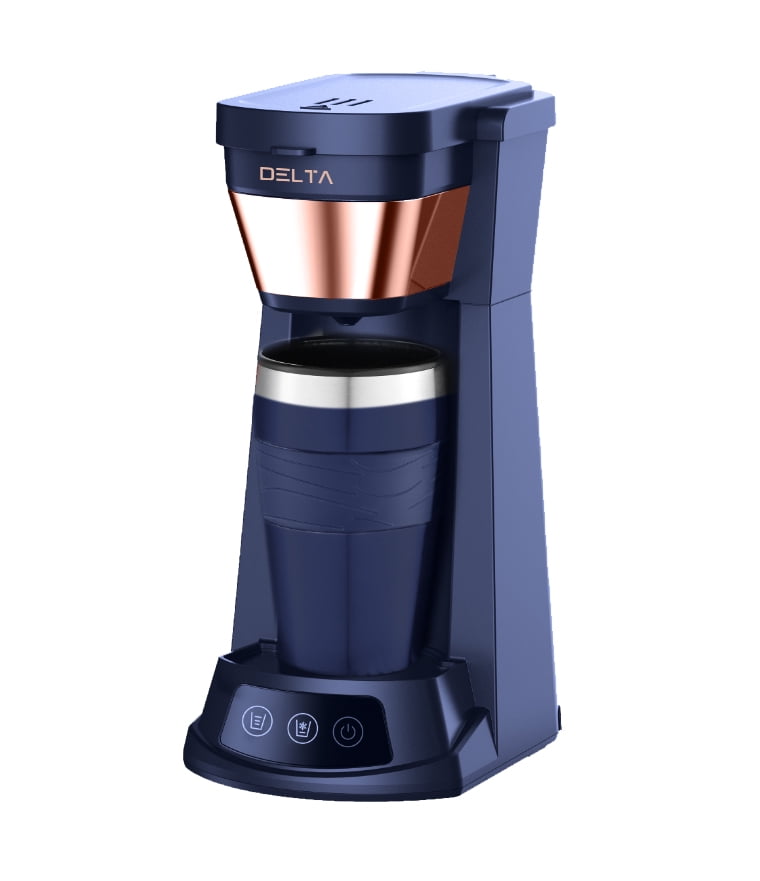 Prime Cuisine Single Cup Coffee Maker with 16oz Tumbler – Compact Single Serve Coffee Machine, Reusable Filter, Skid-Resistant Feet, Blue