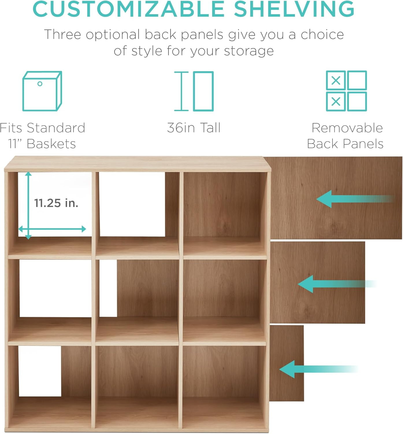 9-Cube Storage Organizer, 11in Shelf Opening, Bookcase, Display Shelf, Customizable w/ 3 Removable Back Panels - Light Oak