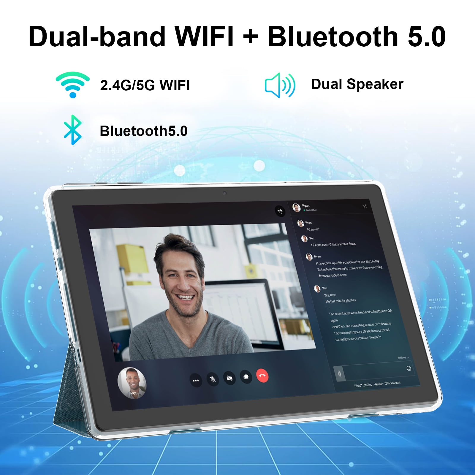 Android 15 Tablet with Case, 10 inch Tablets, 12GB RAM 64GB ROM 1TB Expand, 2.0Ghz Quad-Core Tablet PC, 5G WiFi, Bluetooth 5.0, 6000mAh Battery, 1280x800 FHD Screen, 2MP+8MP Dual Cameras, GMS, Navy