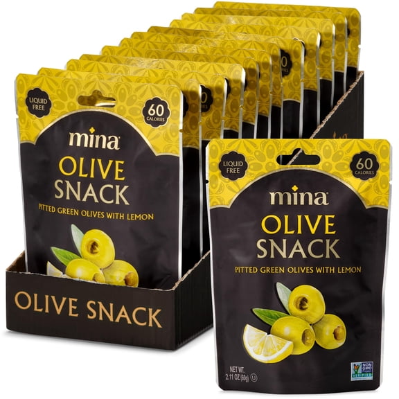 Mina Olive Snack Packs, Pitted Green Olives with Lemon, 2.11oz (Pack of 12), Vegan, Gluten Free, 60 Calories per Pack