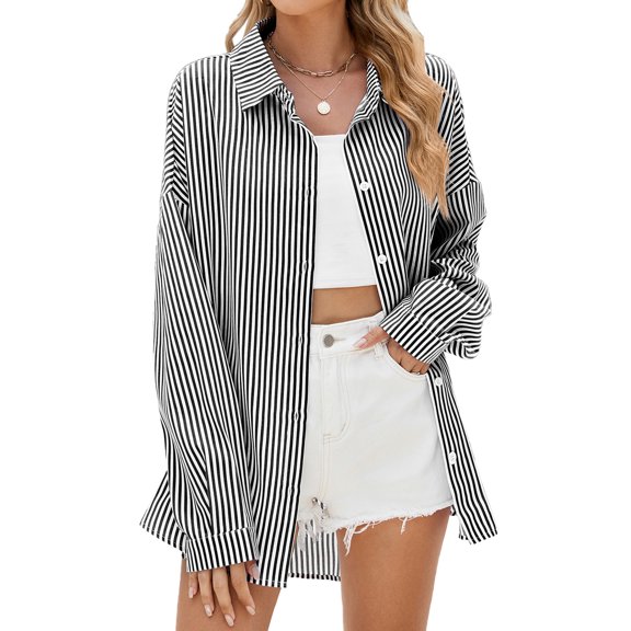 TEMOFON Blouses for Women Long Sleeve Tops Button Down Shirts Fashion Oversized Boyfriend Shirt Striped Color Block Fall Clothing Blouses Tops Size XL