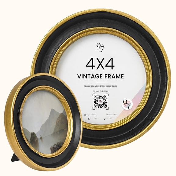 97 Decor Vintage 4x4 Black Gold Round Picture Frame, 1 Pack