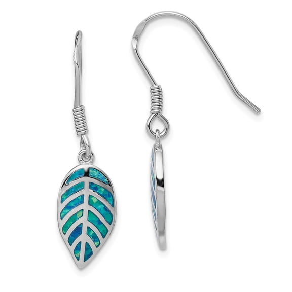 Primal Silver Sterling Silver Rhodium-plated Created Blue Opal Inlay Leaf Dangle Earrings
