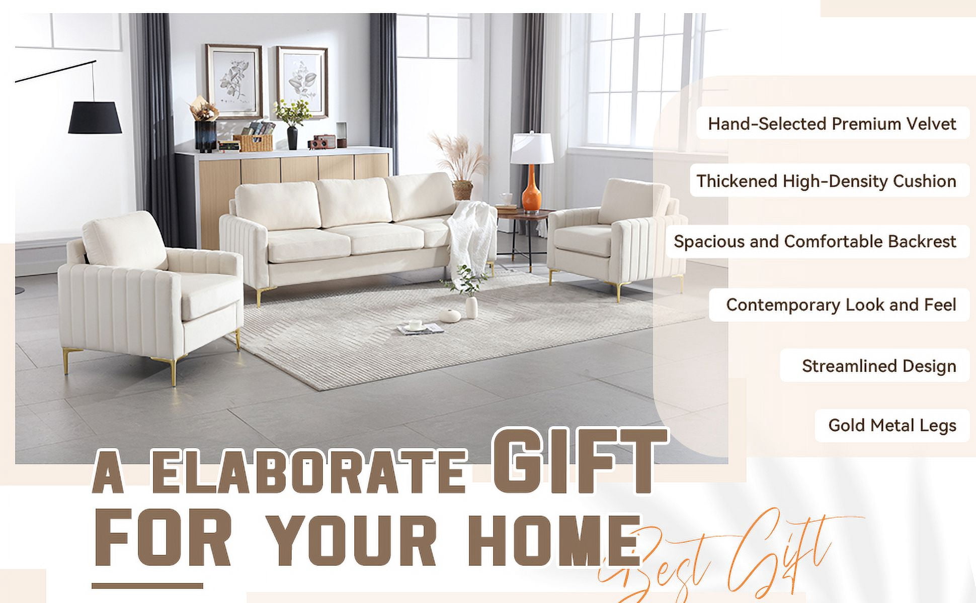 Muumblus 3 Pieces Velvet Living Room Furniture Sets, Modern Two Single Sofa Chairs and One 3-Seater Sofa Couch, Beige