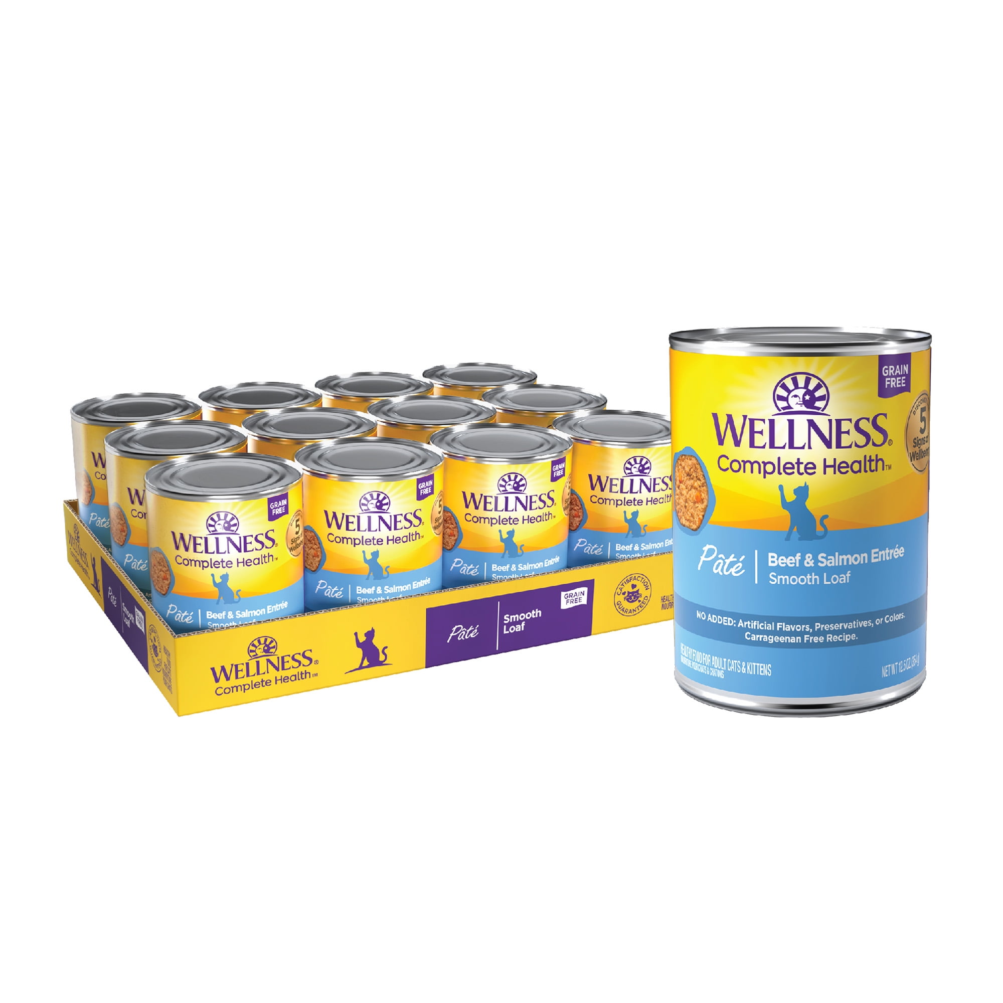 (2 pack) Wellness Complete Health Pate Adult Canned Wet Cat Food, Natural, Protein Rich, Grain Free, Beef and Salmon Entrée Recipe, 12.5 oz, Pack of 12 Cans