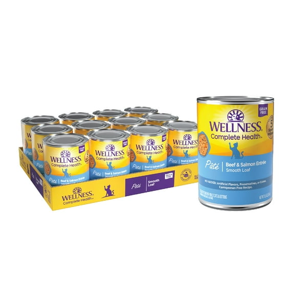 Wellness Complete Health Pate Adult Wet Cat Food, Natural, Protein-Rich, Grain Free, 12.5 Ounce, 12 Pack, (Beef & Salmon)