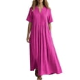 thumbnail image 2 of IUYRTFE Women's V Neck Short Sleeve Maxi Dress Cotton Linen Loose Fit Summer Casual Long Vacation Dress, 2 of 6