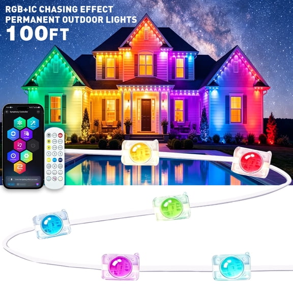 100FT Permanent RGB IC Eave Lights, IP67 Waterproof Color Changing LED House Eave Lighting, Smart APP & Remote Control Music Sync Outdoor LED Roof Lights, Timable DIY Scene Lights for Holiday, Patio,