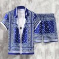 thumbnail image 4 of OOOUM Men All Over Print Outfits Lapel Short Sleeve Button Shirt Drawstring Elastic Waist Shorts Summer Beach Vacation Casual Outfit Blue M, 4 of 5