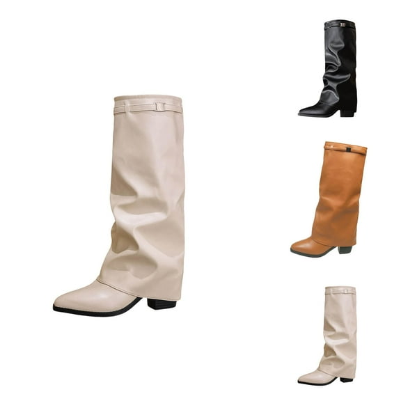 Knee High Fashion Boots for Women, Pointed Toe Mid Calf Design with Buckle, Comfortable Fall and Winter Dress Boots