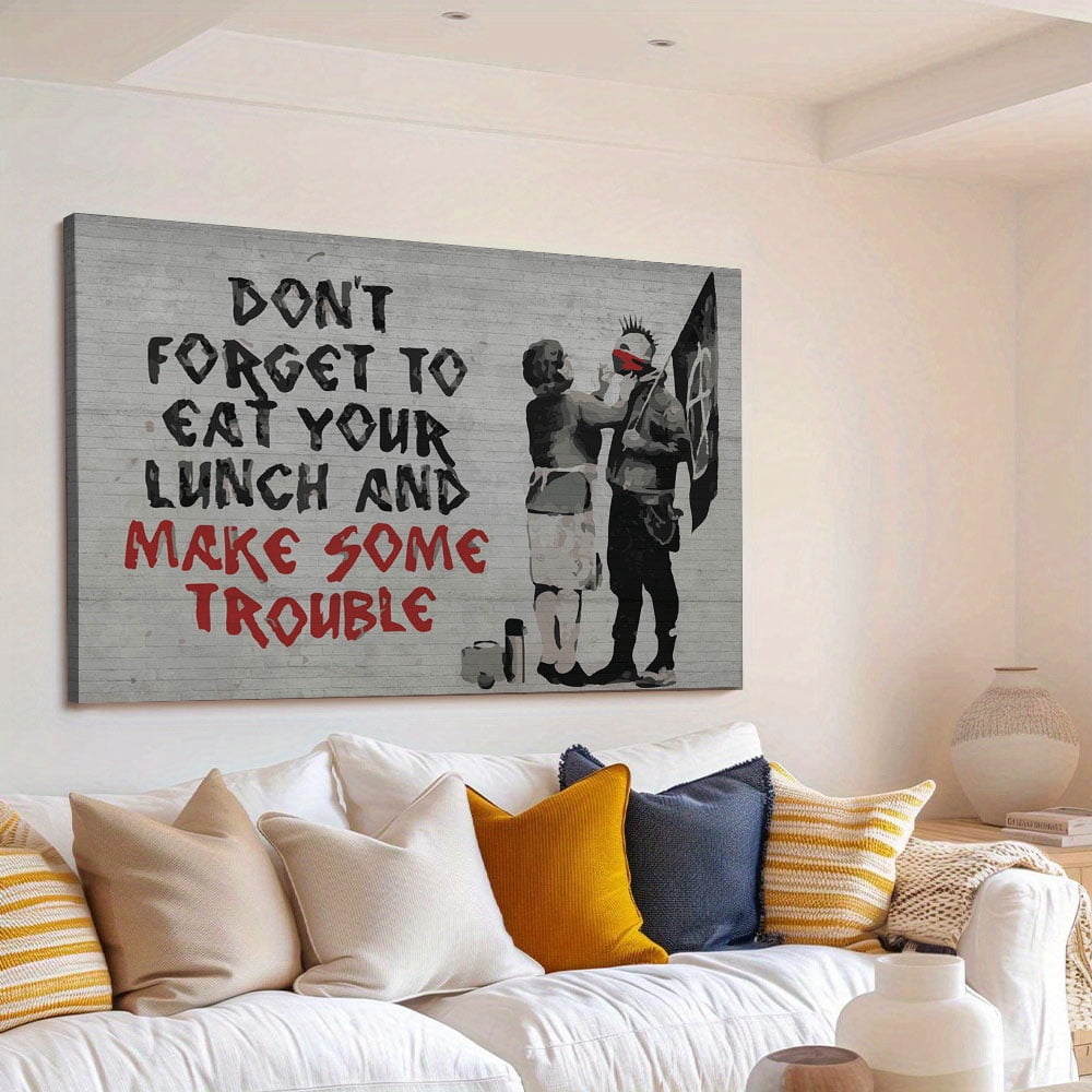 Banksy Make Some Trouble - Wall Art Canvas Print - Makes a Great Gift for Home Decor, Living Room, Bedroom(12" W x 8" H，Framed)