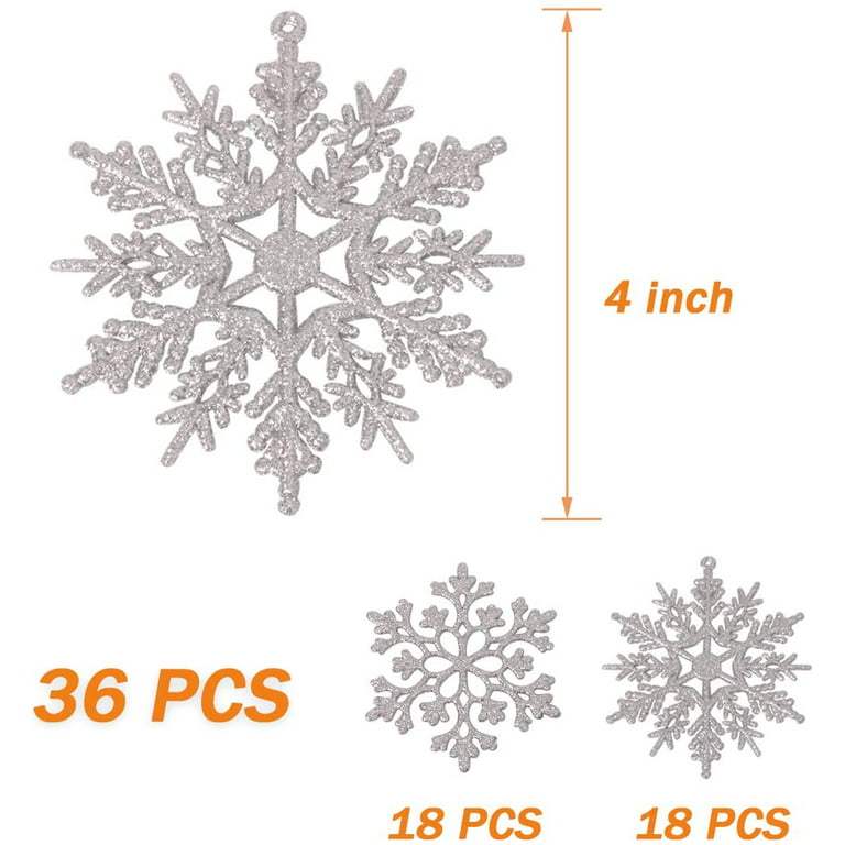 36 Pieces Plastic Snowflake Ornaments, Assorted Sizes Sparkling White  Glitter Snowflake Christmas Decorative Hanging Ornaments for Christmas