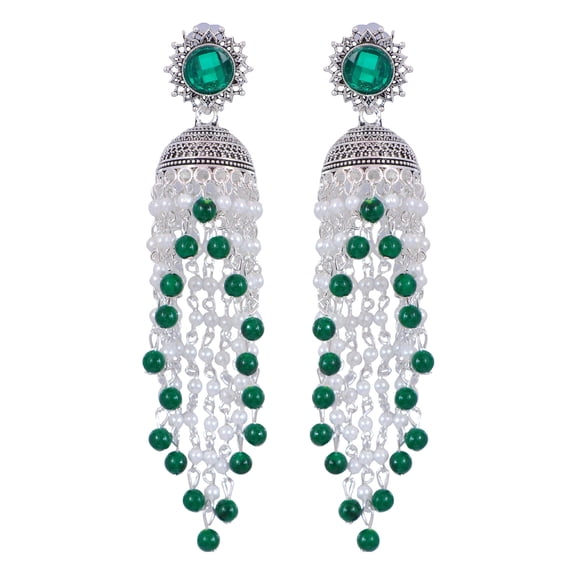 Crunchy Fashion Bollywood Jewellery Traditional Ethnic Bridal Bride Wedding Bridesmaid Traditional Stylish Long Silver-Plated Stunning White & Green Pearl Jhumka