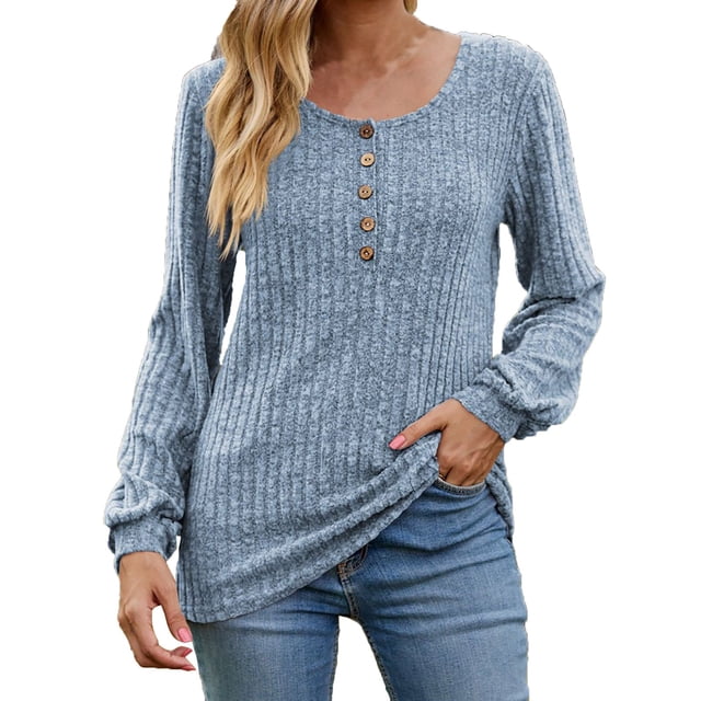 Staron Womens Long Sleeve Shirts Dressy Casual Button Solid Tops Fall Fashion Crewneck Basic Sweaters Trendy Flowy Loose Fit T-Shirts Blouses Gifts Under 10 Dollars for Women