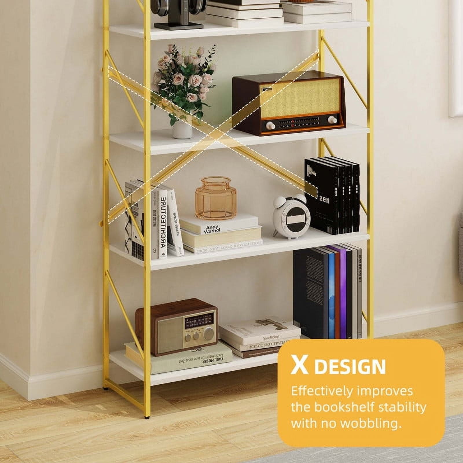 Uforic 5 Tier Bookshelf, Modern Gold& White Bookcase, Open Bookcase Storage Organizer for Bedroom, Living Room and Home Office, Gold
