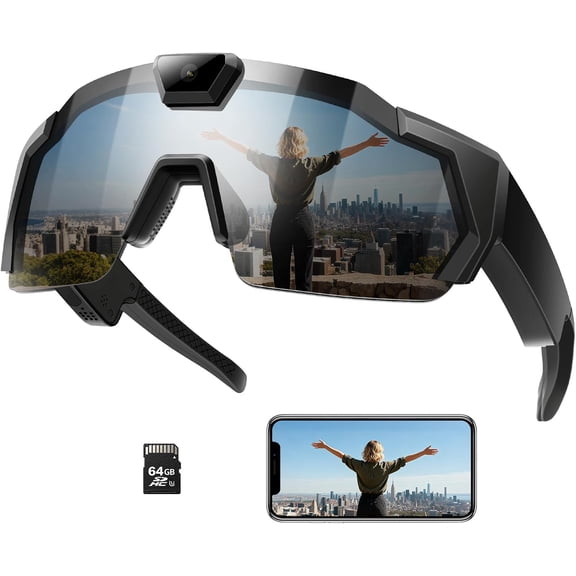 Smart Camera Glasses for Action Sports, HD Video Recording Glasses with 64GB Memory, Action Audio Camera Sunglasses for Men Women Outdoor(Black)