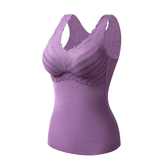 JGGSPWM Womens 2 Pcs Thermal Vest Warm Lace Camisole Sleeveless Lingerie Fleece Lined Underwear Tops Cami Winter Basic Vest with Removeable Pad Petite Purple US 4