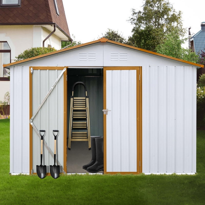 JXXRZ 10x12ft Heavy-Duty Metal Shed, Galvanized Steel Outdoor Storage with Secure Lockable Doors, White&Golden
