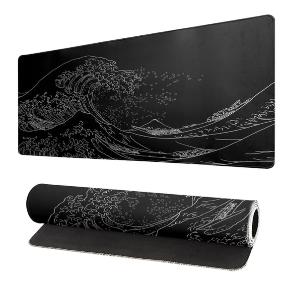 Large Japanese Sea Wave Mouse Pad, 31.5 x 11.8 Inch Extended Anime Gaming Desk Pad, Black Kanagawa Mat with Non-Slip Rubber Base, 3mm Thick Long Mousepad for Keyboard and Mouse