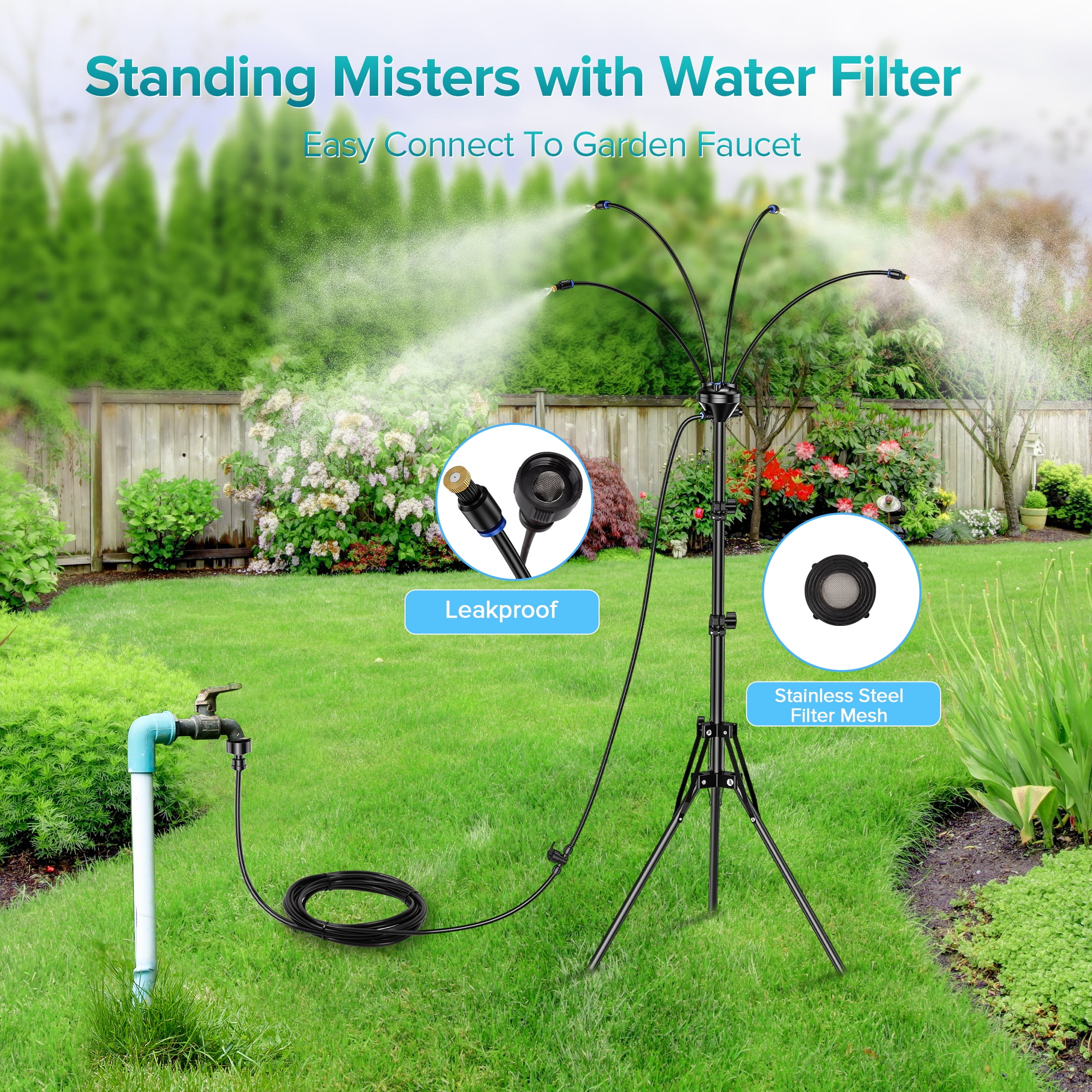 GokeLQ 64in Outdoor Mister for Patio Cooling, Mist System with 6 Nozzles, 4-Way Water Mister, Portable Mister for Yard Pool Plant BBQ Kids Play