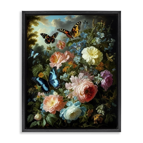 Stupell Industries Blooming Roses & Monarch Butterflies Floral Painting Black Floater Framed Canvas Art Print Wall Art, 17 x 21