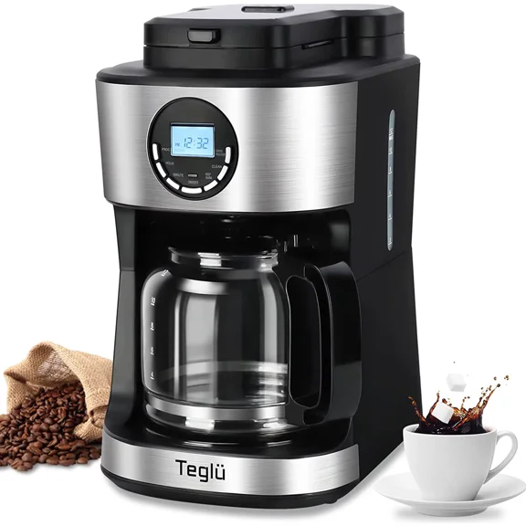Open Box Teglu WE100113_1 Coffee Maker with Grinder 12 Cups, Programmable Grind and Brew Coffee Machine with Warming Plate, Automatic Drip Coffee Pot with 60 oz Glass Carafe BPA Free, 950W, Black