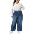 thumbnail image 2 of Women's Plus Size Denim Wide Leg Baggy Washed Stretch Jean with Pockets 1X Dark Blue, 2 of 5