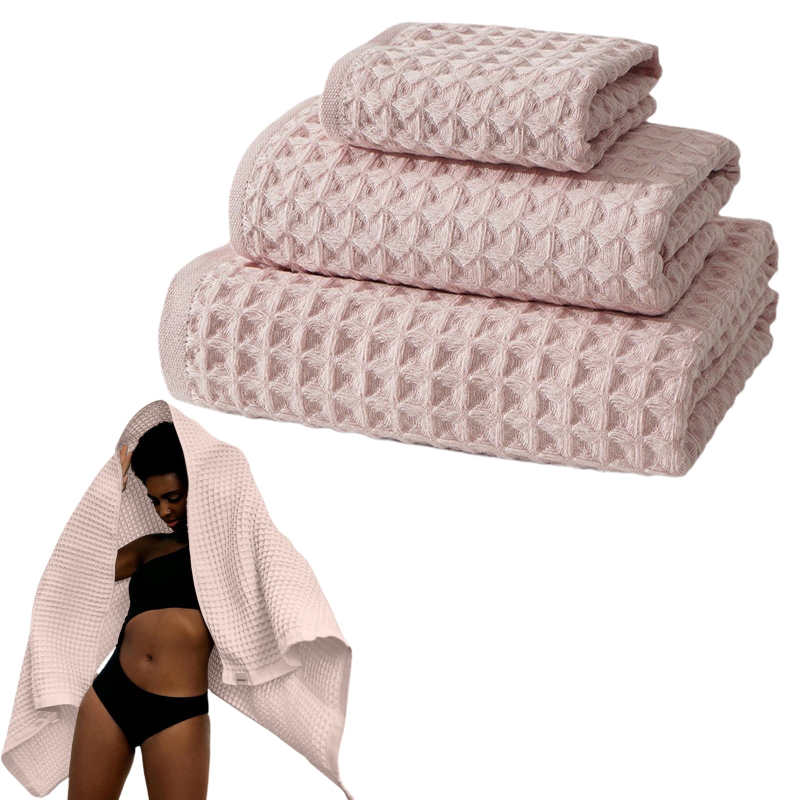 Ngheia Cotton Waffle Bath Towel Three-Piece Set Pink A, Summer Savings 2025! Towel Set Hand Towels for Bathroom Cotton Set Towel Skin Friendly Towel Squares Towel Cotton 3 Piece Set