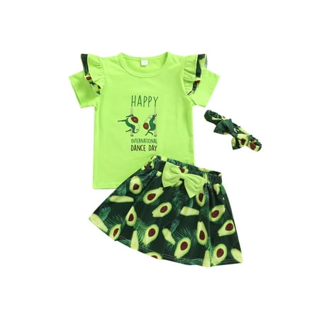 

ZIYIXIN Toddler Baby Girls Avocado 3Pcs Set Crewneck Fly Sleeve Tee Tops+Ruffle A Line Skirts+Headband Set Green 2-3 Years