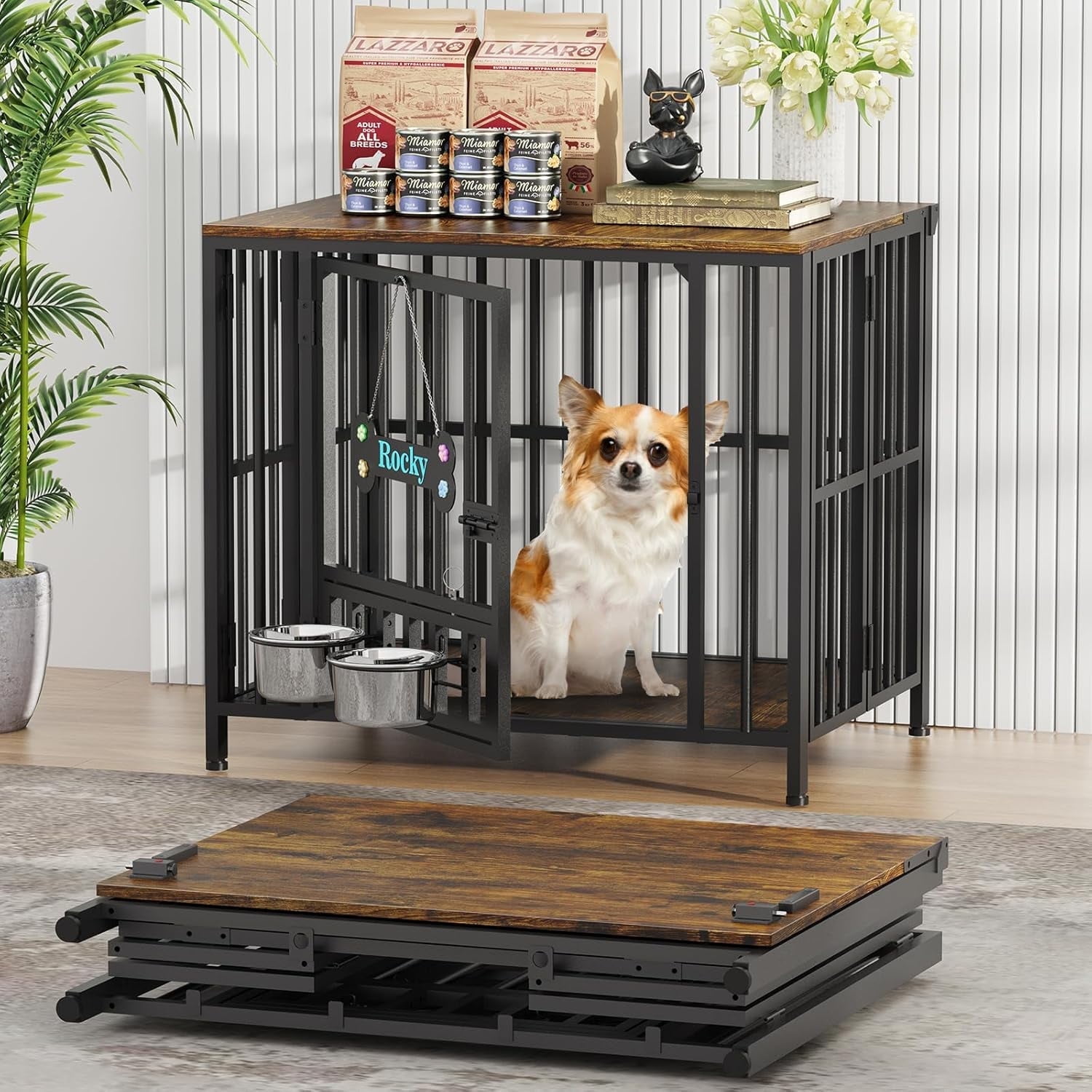 POAO 27" Dog Crate Furniture Foldable, No Assembly Decorative Dog Kennel Indoor with Adjustable Bowls and Name Tag,Small Size (Under 20 lb),Brown