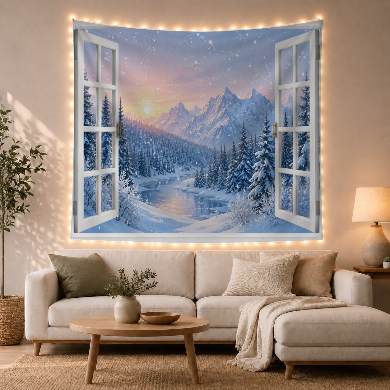 Winter Forest Through Snowy Window Scenery Serene Illustration for Nature Lovers Forest Landscape Wall Art Christmas Gift Tapestry Wall Hanging for Bedroom and Living Room