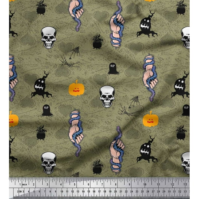 Soimoi Green Rayon Fabric Hand,Snake & Skull Halloween Decor Fabric Printed Yard 56 Inch Wide