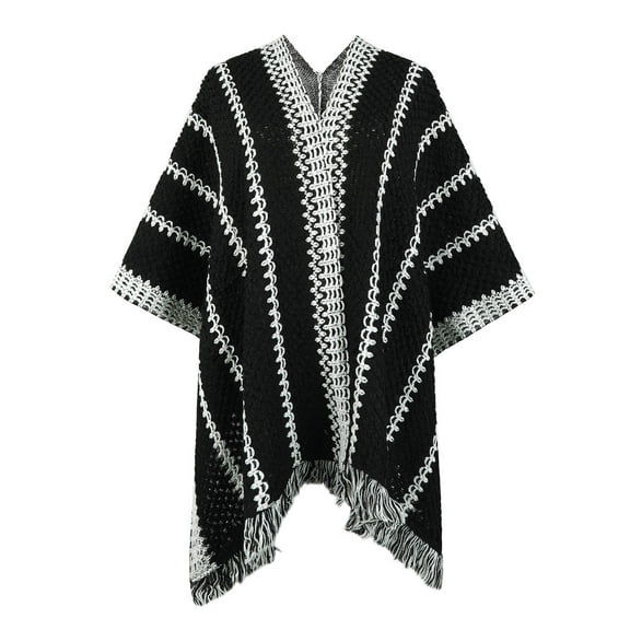 XFLWAM Women Knitted Shawl Wrap Poncho Sweater Bohemian Style Striped Fringed Shawl Cape Outwear Black Free Size