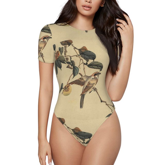 Fotbe Vintage Bird Body de Mujer con Cuello Redondo y Mangas Cortas, Sin Mangas Ajustado, Suave, Cómodo y Básico-Large