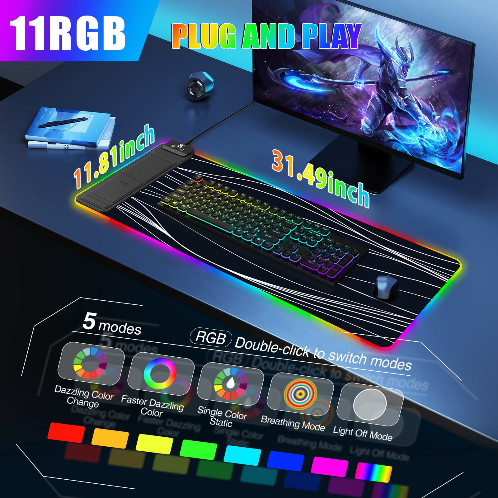 Miroddi RGB Gaming Mouse Pad with Wireless Charger, LED Mouse Mat with Phone Holder, Ultra-Smooth Surface, Non-Slip Rubber Base, Waterproof Keyboard Pad
