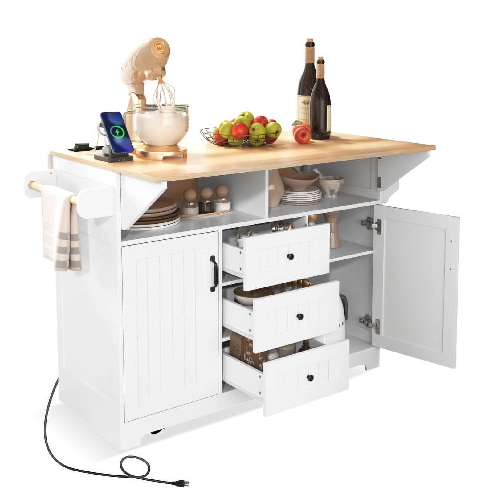 55.7'' Large Kitchen Island with 2 Drop Leaf,, Rolling Kitchen Cart on 5 Wheels with Power Outlet, Folding Storage Dining Table with Spice & Towel Rack , 3 Drawers, for Kitchen, Dining Room,White