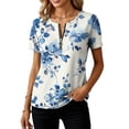 thumbnail image 4 of Htigea 1/4 Zip Pullover Tops for Women Floral Print Short Sleeve T Shirts Casual Loose Fit Summer Tees Navy S, 4 of 6