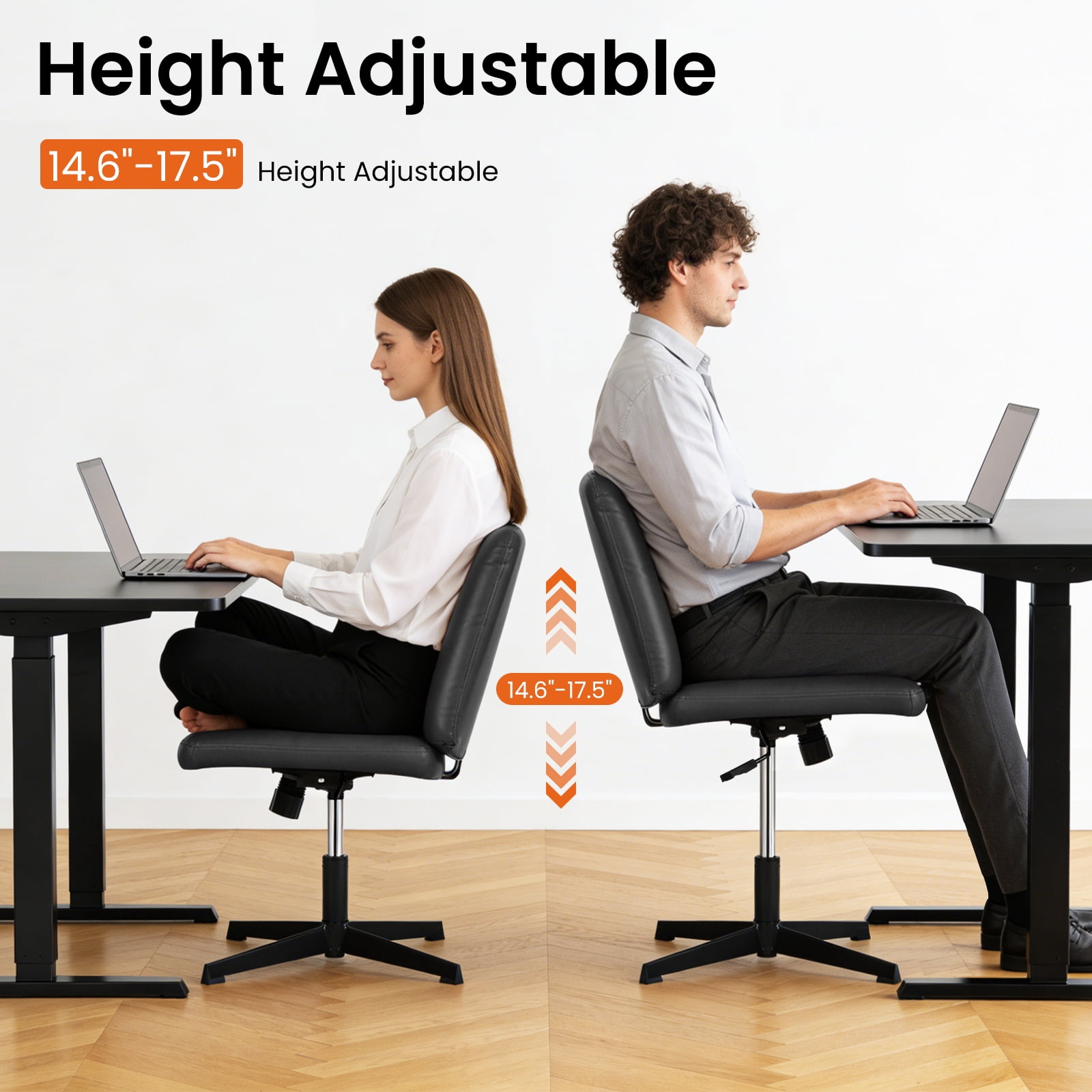 Dkelincs Criss Cross Chair Adjustable Wide Computer Desk Chair Armless Vanity Chair Modern Task Chair No Wheels, Black
