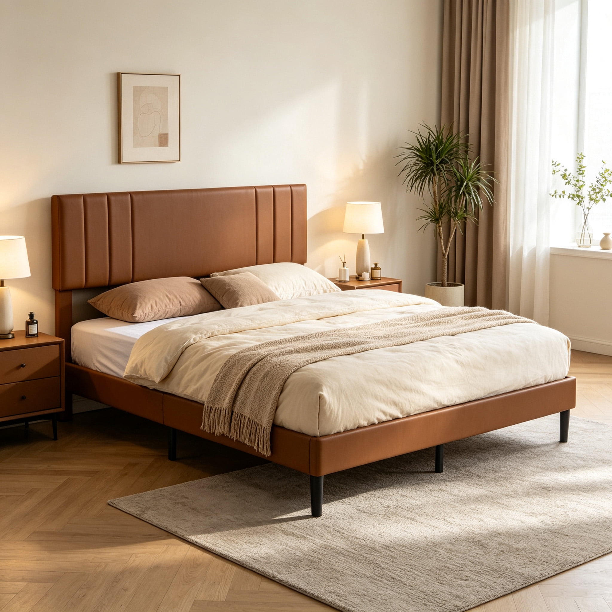 Gewnee Queen Size Bed Frame,Platform Bed with Upholstered Headboard,Modern Accent Bedroom Furniture,No Box Spring Needed,Brown PU